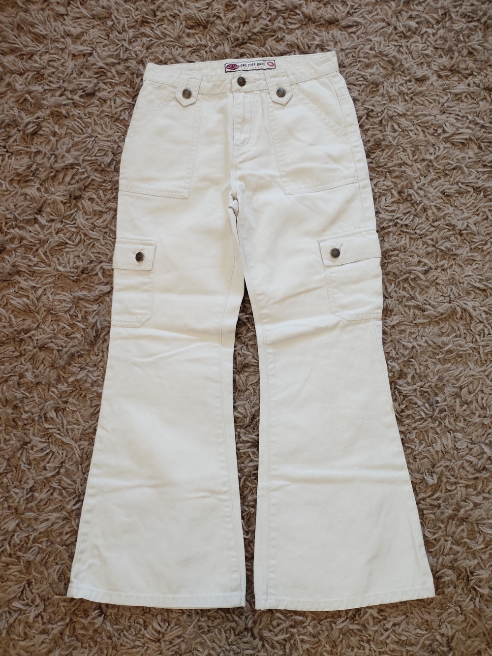 Girls' White Flare Cargo Jeans with Button-Front Pockets